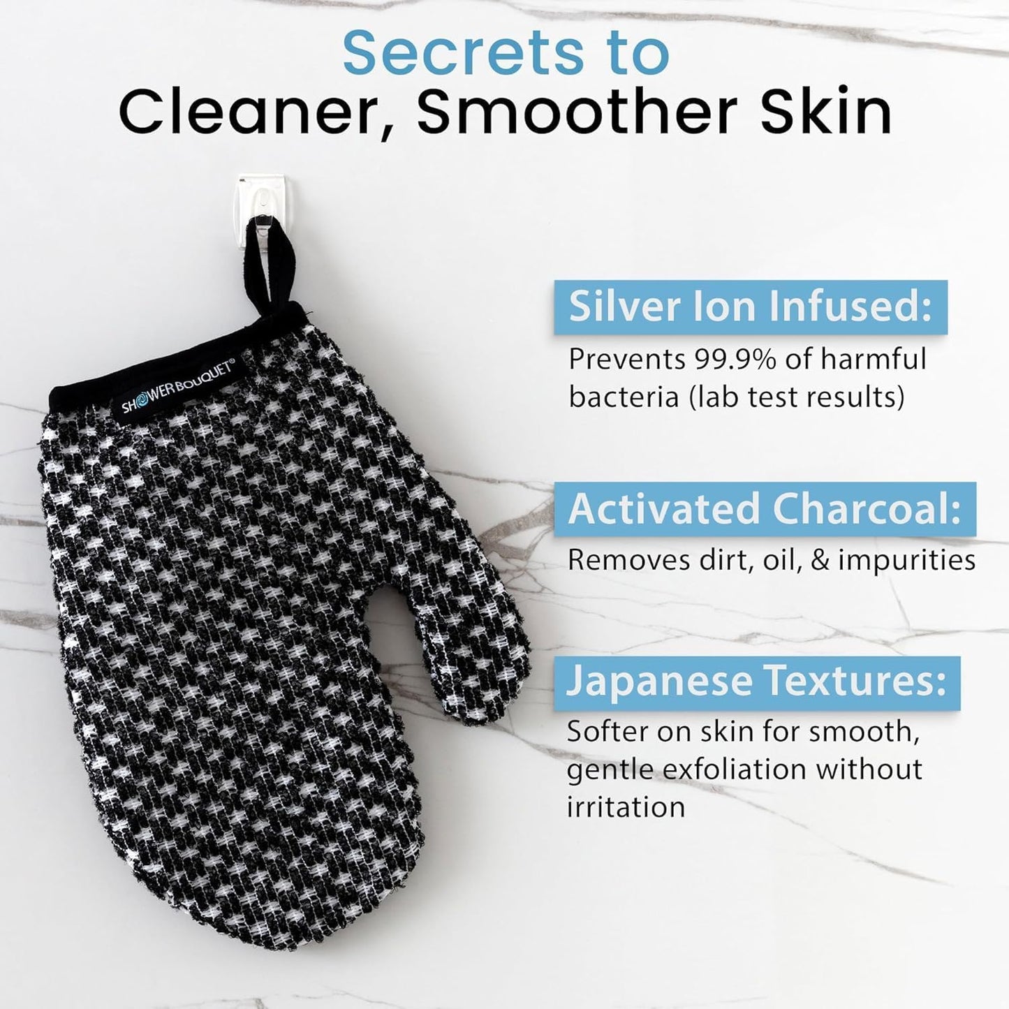 Japanese Exfoliating Mitt 2-Pack - Charcoal & Silver Ion Exfoliating Gloves for Shower - Soft Inner Fabric Gentle Exfoliation & Deep Cleansing Body Scrub Gloves for All Skin Types - 1 White, 1 Blue