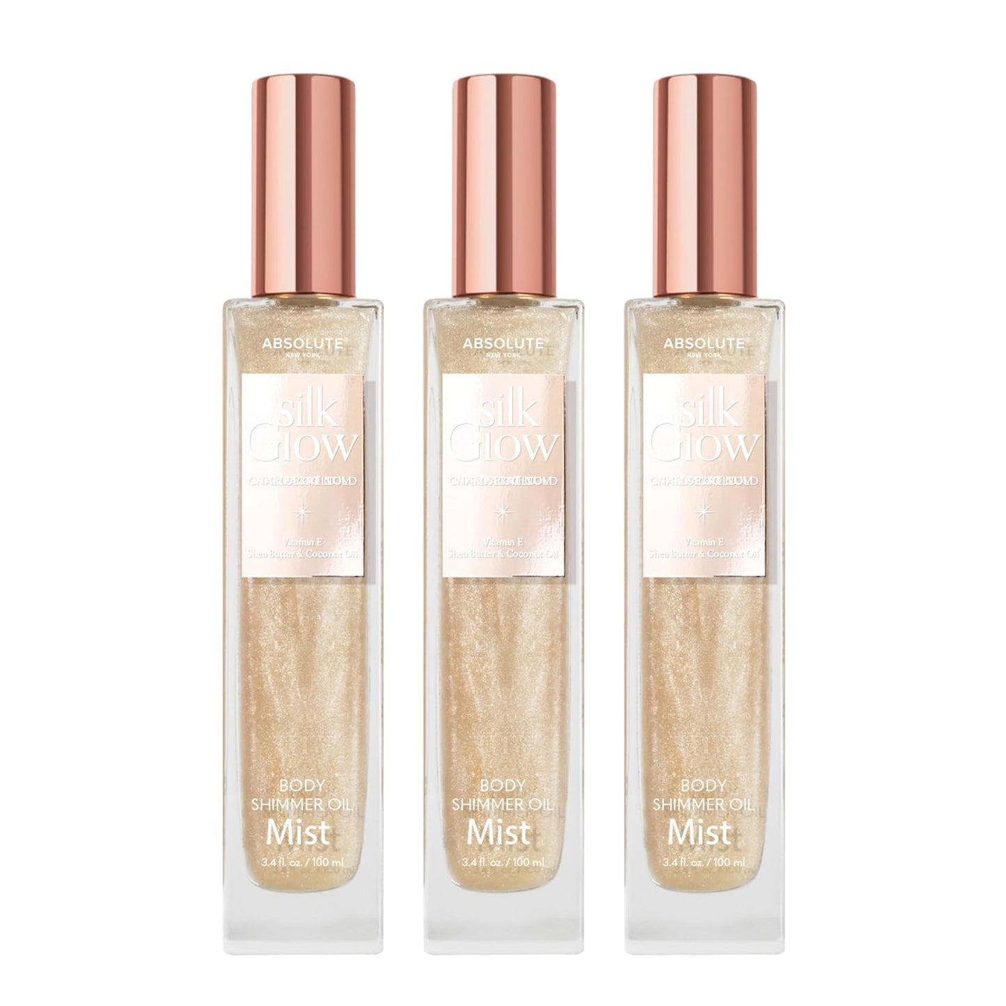 Absolute New York - Silk Glow Shimmer Mist Glow, Radiant, Shimmer Body & Face & Hair, Shea Butter, Coconut Oil, Vitamin E (SBGS03 Chanpagne Gold Mist (Set of 3), 3.4 fl oz)