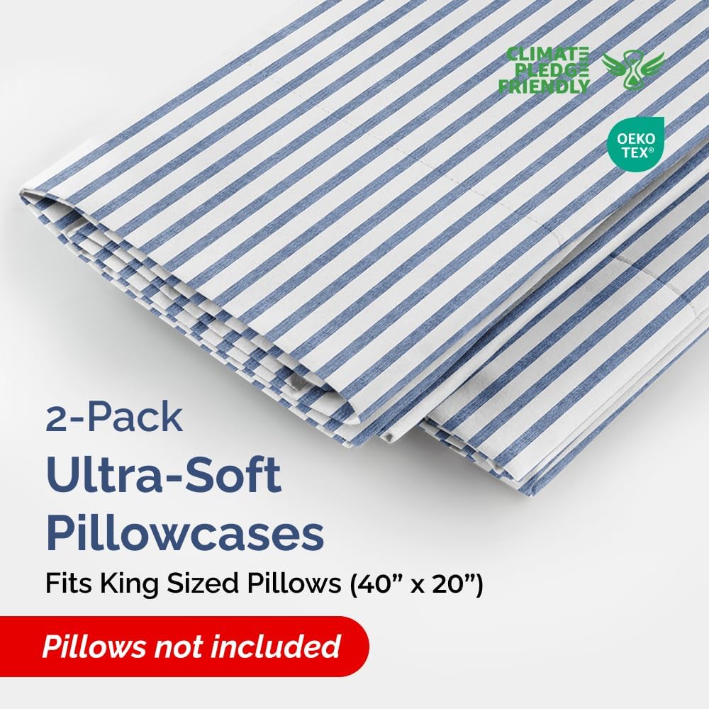King Pillow Cases Set of 2 - Ultra Soft Hotel Quality Pillowcase Covers - Comfy, Cozy & Wrinkle Free - Shrinkage and Fade Resistant - Machine Washable Pillow Protectors - 2 Piece Set - Blue Stripes 2