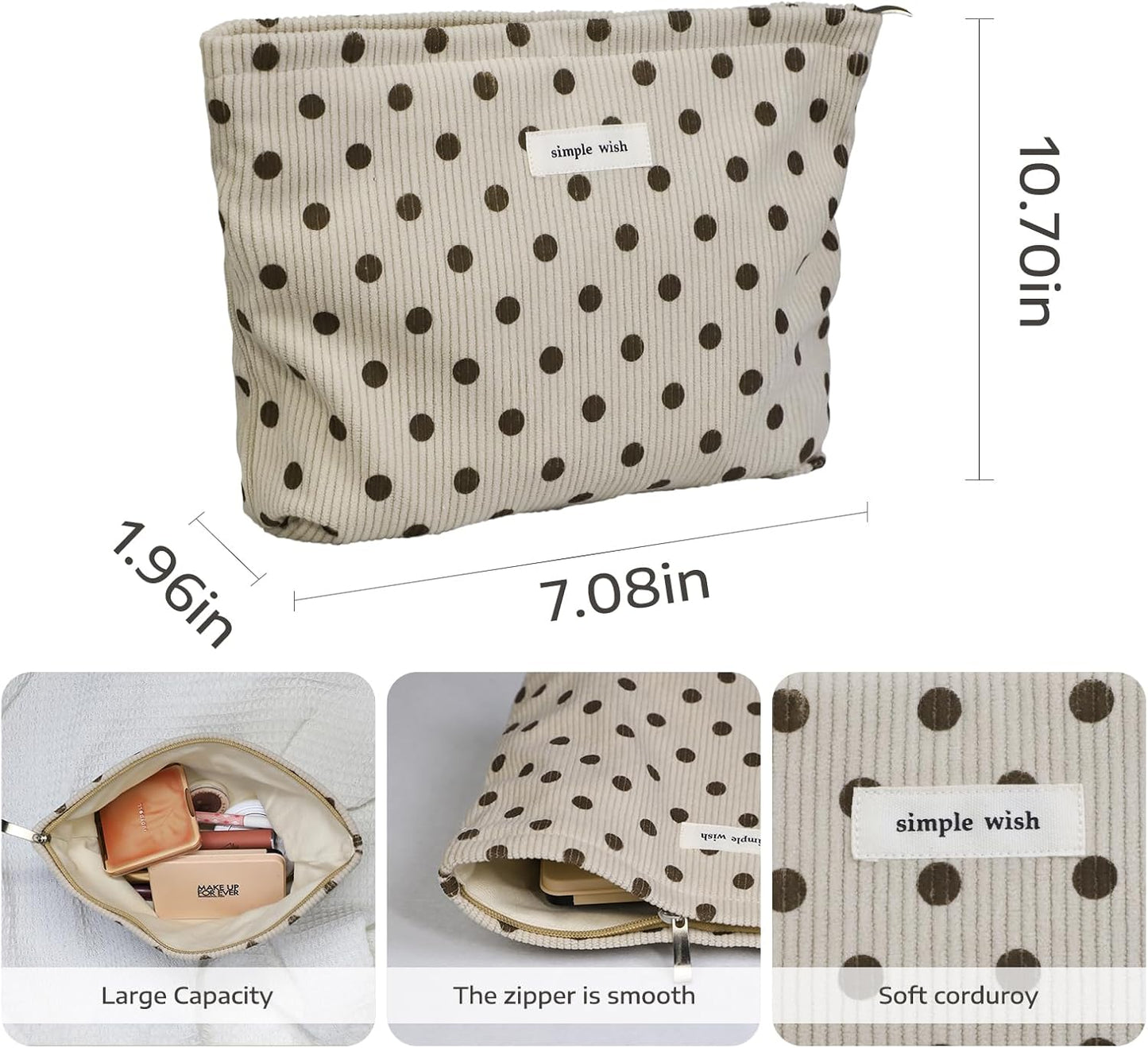 Wudygirl Makeup Bag Makeup Pouch for Women Corduroy Cosmetic Bag Portable Travel Toiletry Bag Large Capacity Make up Organizer with Zipper（Beige Polka Dot）