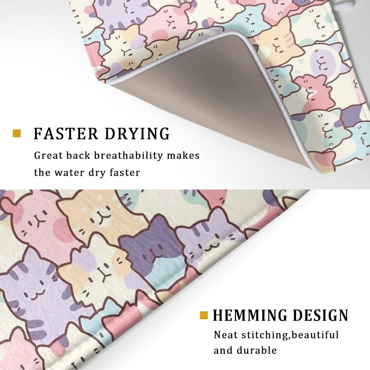 Colorful Cats Dish Drying Mat 18x24 inch Cute Animal Microfiber Reversible Fast Dry Dishes Drainer Rack Pad for Counter Kitchen Table Decor