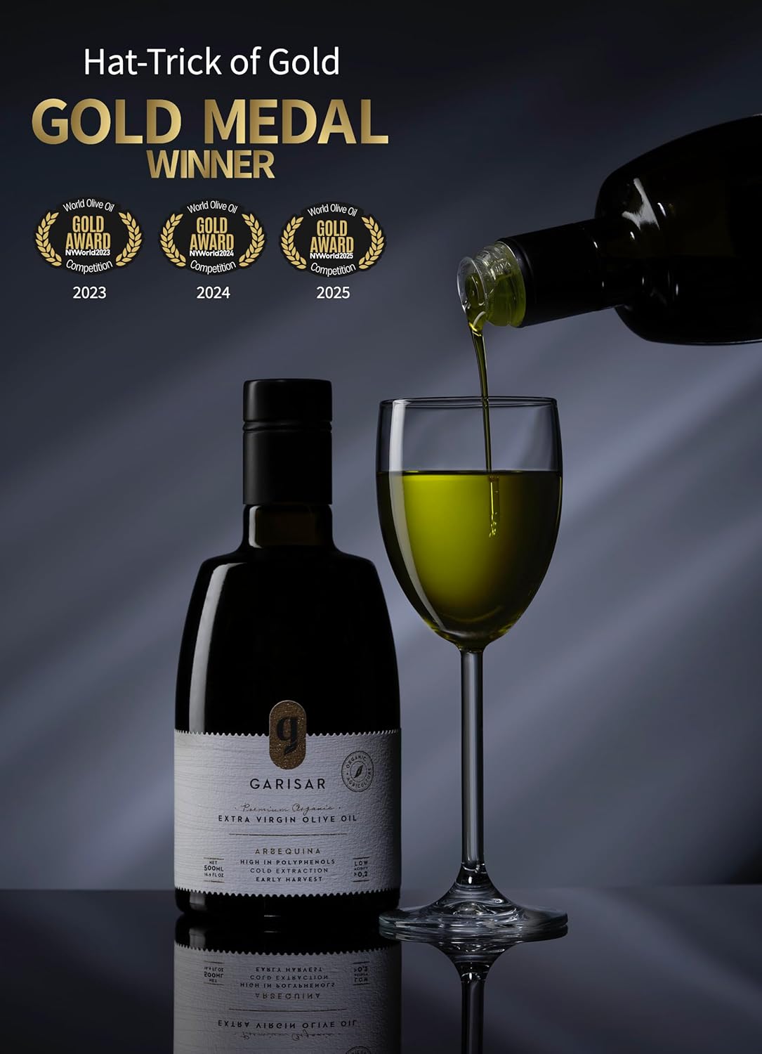 Garisar High In Polyphenol Premium Extra Virgin Olive Oil (>600 ppm), Low Acidity (max 0.2%), NYIOOC 2025 Gold Medal Winner, Organic Agriculture, Hand Picked, Cold Pressed, 100% Arbequina, Pack of 6