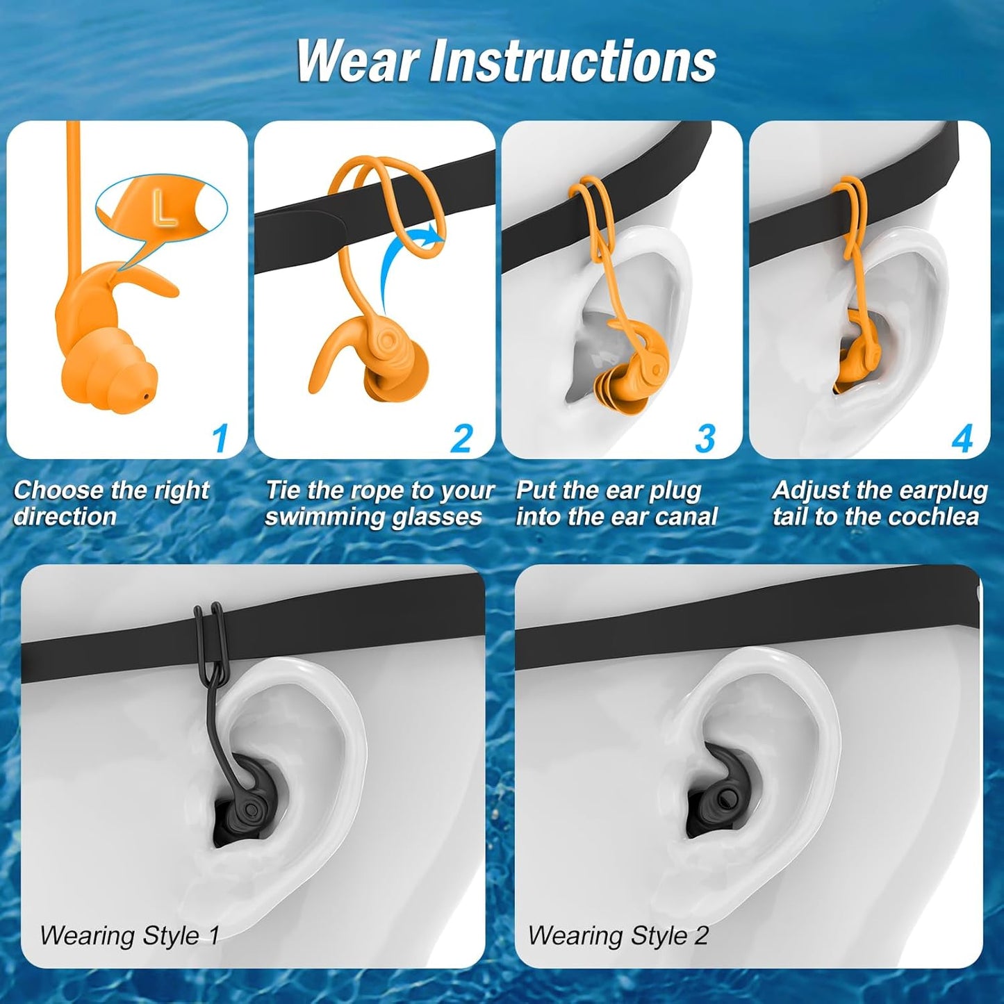 Swimming Ear Plugs for Adults, 4 Pairs Waterproof Reusable Silicone Swim Earplugs with Removable Cord, Perfect for Swimming, Showering, Surfing and Other Water Sports - Two Wearing Styles