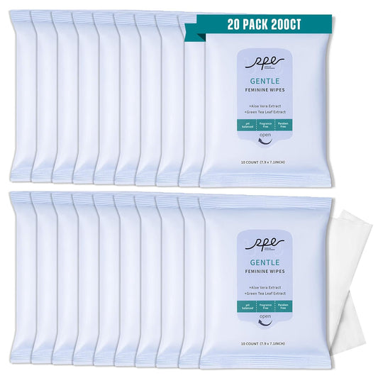 Large Feminine Wipes for Women, pH Balanced Soft Gentle Soothing Unscented Flushable Personal Hygiene Wipes for Intimate Period Care Portable to Go Sensitive Sanitary Wipes Travel (10ct, Pack of 20)