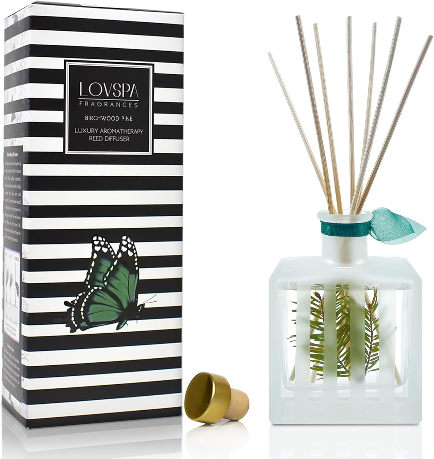 LOVSPA Reed Diffuser Set, Birchwood Pine Scented Oil Diffuser with Sticks, Home Fragrance Accessories for Bathroom Shelf Decor, Aroma Diffusers for Home or Office Desk, USA Made