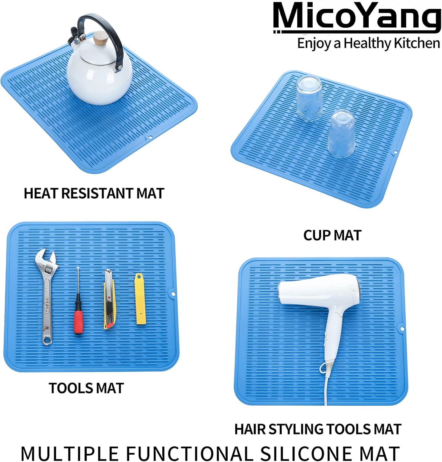 Silicone Dish Drying Mat for Multiple Usage,Easy clean,Eco-friendly,Heat-resistant Silicone Mat for Kitchen Counter or Sink,Refrigerator or Drawer Liner Lichen BlueL XL 18 inches x 16 inches