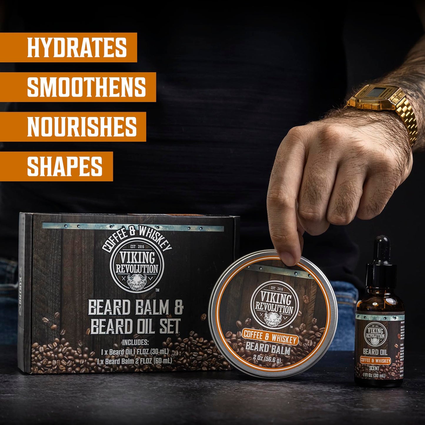 Viking Revolution Coffee and Whiskey Beard Balm for Men (2oz) and Beard Oil (1 fl oz) Kit - With Argan and Jojoba Oils - Soften and Moisturize - Stocking Stuffers for Men