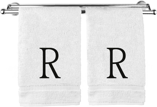 Monogrammed Hand Towel, Personalized Initial Gift, Extra Absorbent 100% Turkish Cotton - Soft Terry Finish - Set of 2 - Black Block Initial R - Embroidered on White Towels