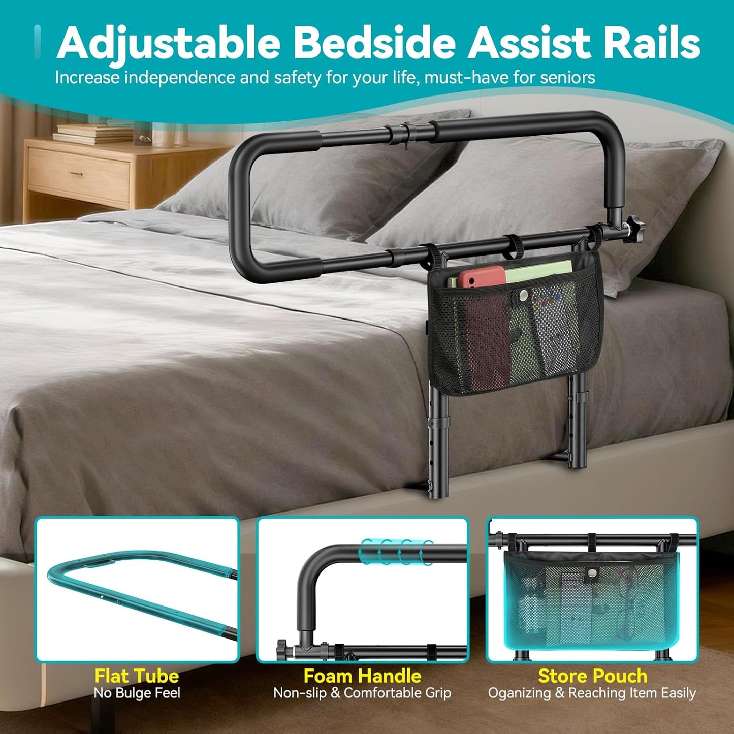 FORTEMOTUS Bed Rails for Elderly Adults Safety with Foldable & Retractable Grab Bar Handrails, ASTM Bedside Rail with Adjustable Height, Storage Pocket & Safety Strap