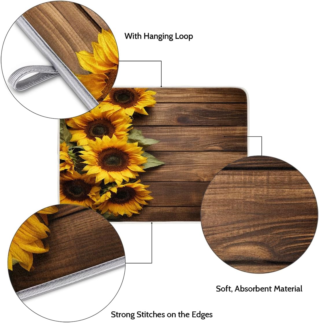 Dish Drying Mat Sunflower Wooden Board Large Drying Mat for Kitchen Counter 18x24in Absorbent Dish Drainer Rack Pad, Heat Resistant Coffee Bar Mats Countertop Protector