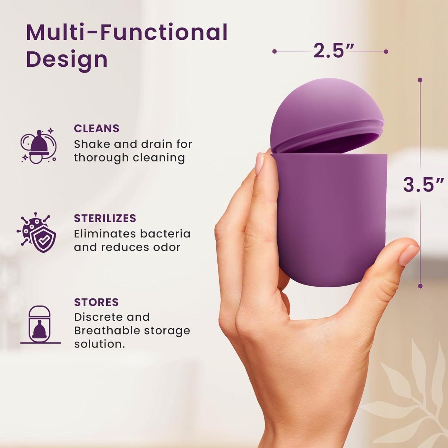 EcoBlossom Menstrual Cup Case and Sterilizer - Reusable Silicone Sterilizing Holder - Cleaner Period for You and Your Disc or Cup - Portable Cleaning Container & Microwave Steamer (Purple)