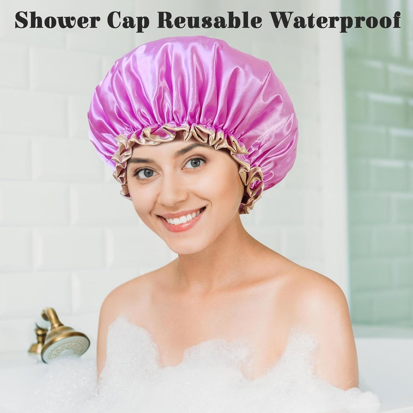 Shower Cap Reusable Waterproof, Large Shower Cap for Women, Shower Caps for Braids Long Hair, Double Layer Satin Plastic Hair Cap for Shower