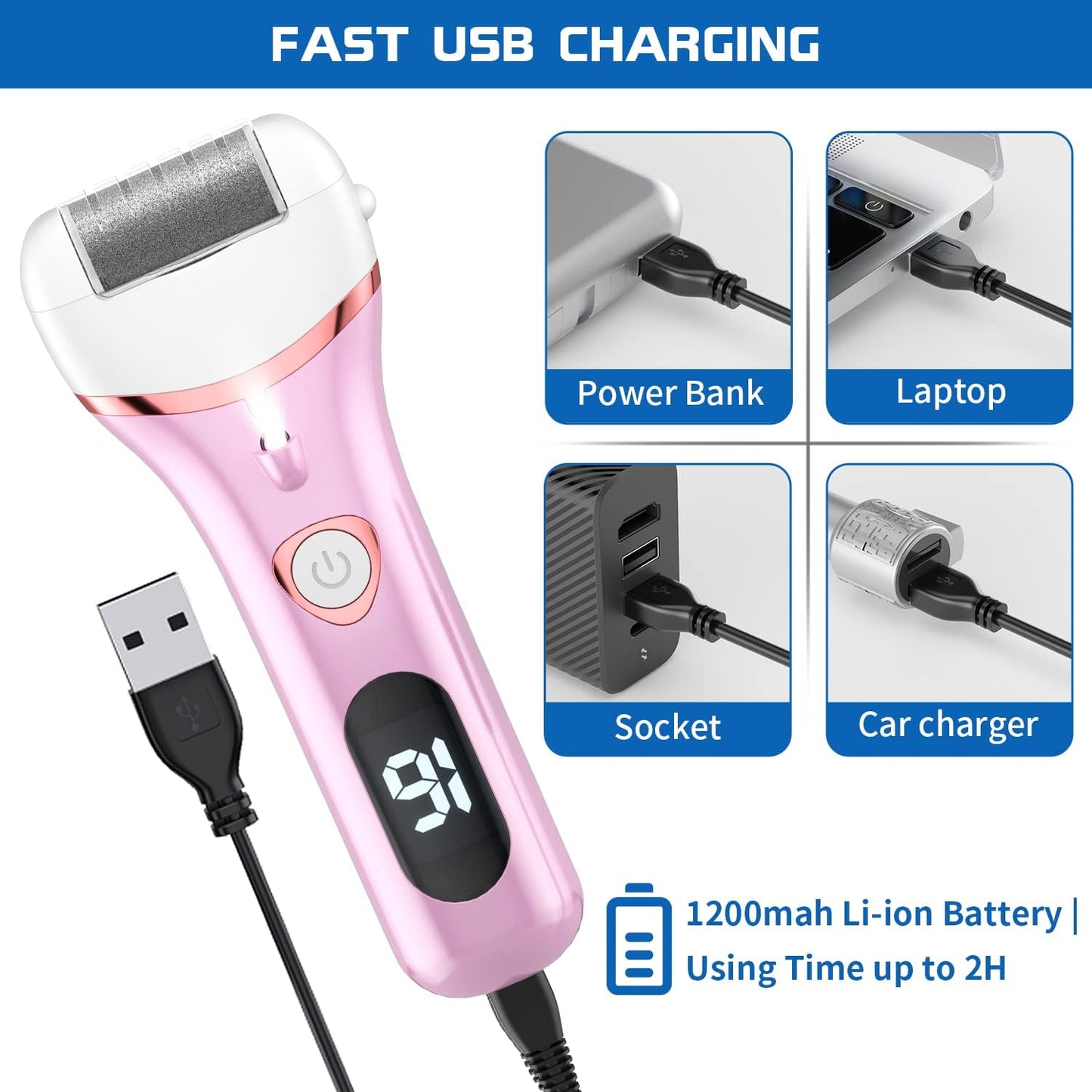 Electric Foot Callus Remover, Rechargeable Portable Electronic Foot File Pedicure Kits, Waterproof Foot Scrubber File, Professional Pedicure Tools, Foot Care for Dead Skin Ideal Gift, 3 Rollers