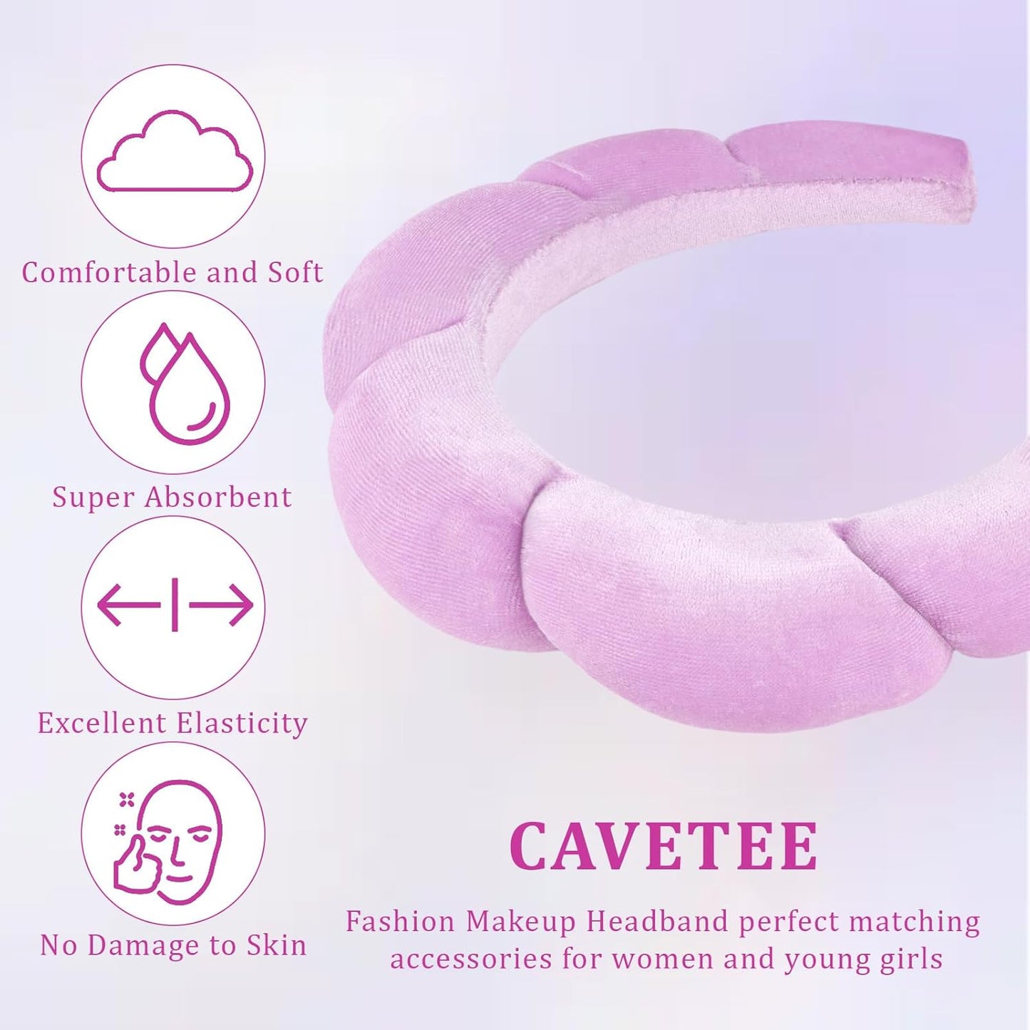 CAVETEE Spa Headband for Washing Face, Sink Care Headband for Women Sponge Bubble Makeup Head band for Women, Soft Velour Hair Accessoriesfor Girls (Purple, one size)