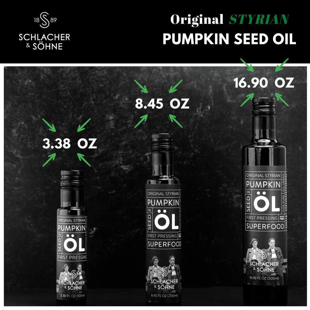Schlacher & Söhne Styrian Pumpkin Seed Oil: 100% Pure, Cold Pressed, Non GMO, Gluten Free, Vegan, May Helps in Hair Growth, Made in Austria (100 ml, 3.3 FL OZ)