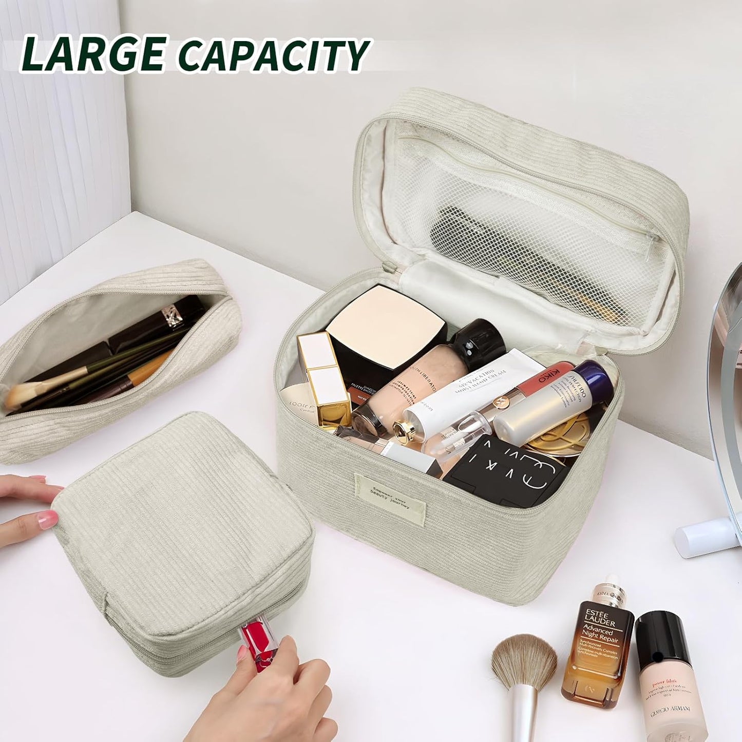 4 Pcs Makeup Bag for Women Corduroy Cosmetic Bag Aesthetic Cute Bags Multi Size Purse Pouch Travel Toiletry Bag Set Makeup Organizer with Zipper(BeigeCorduroy)