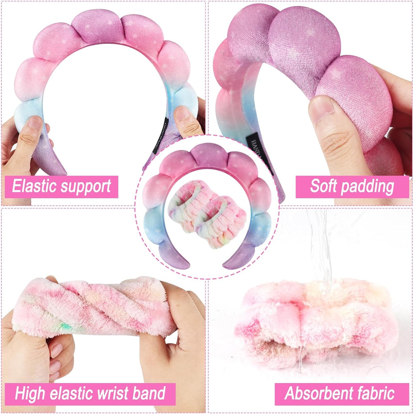 Zkptops Spa Headband for Washing Face Wristband Set Sponge Makeup Skincare Velvet Fabric Bubble Soft Get Ready Hairbands for Women Puffy Headwear Non Slip Thick Thin Hair Accessory(Star)