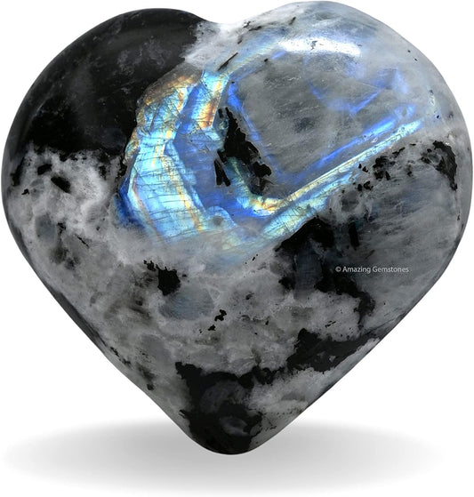 Amazing Gemstone Rainbow Moonstone Crystal Heart Palm Stone - Pocket Massage Worry Stone for Natural Body Chakra Balancing, Reiki Healing and Crystal Grid