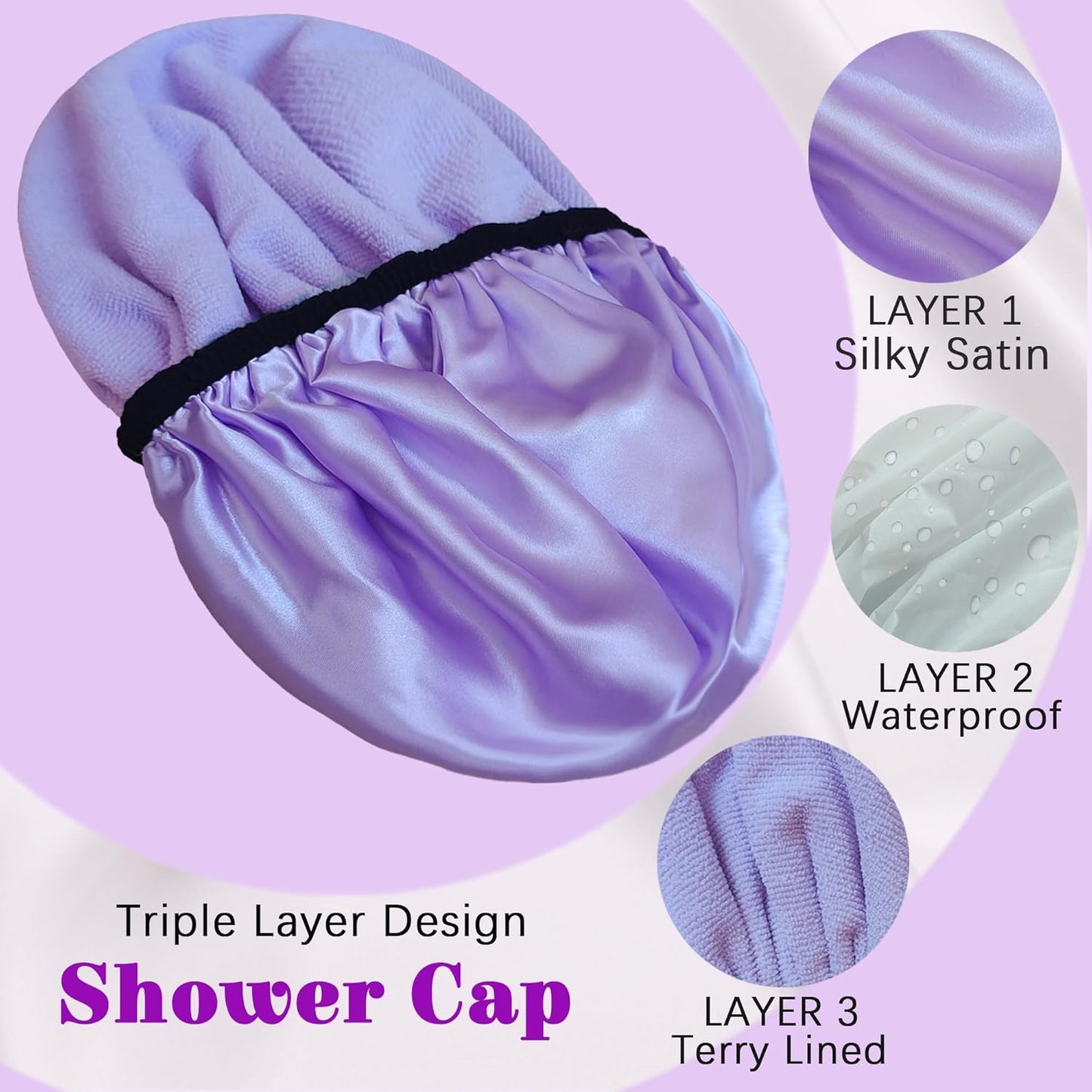 Shower Cap Reusable Waterproof, Terry Lined Shower Caps for Women, Triple Layer Hair Cap for Shower, Large Plastic Shower Cap for Braids Long Hair