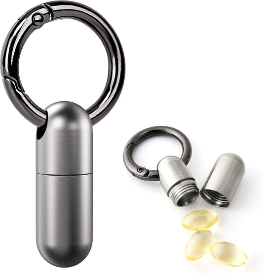 TISKY Small Keychain Pill Holder Titanium,Waterproof Tiny Pill Container with Keyring,Mini Portable Pill Case for Travel,Pill Organizer for Purse Pocket(Silver)