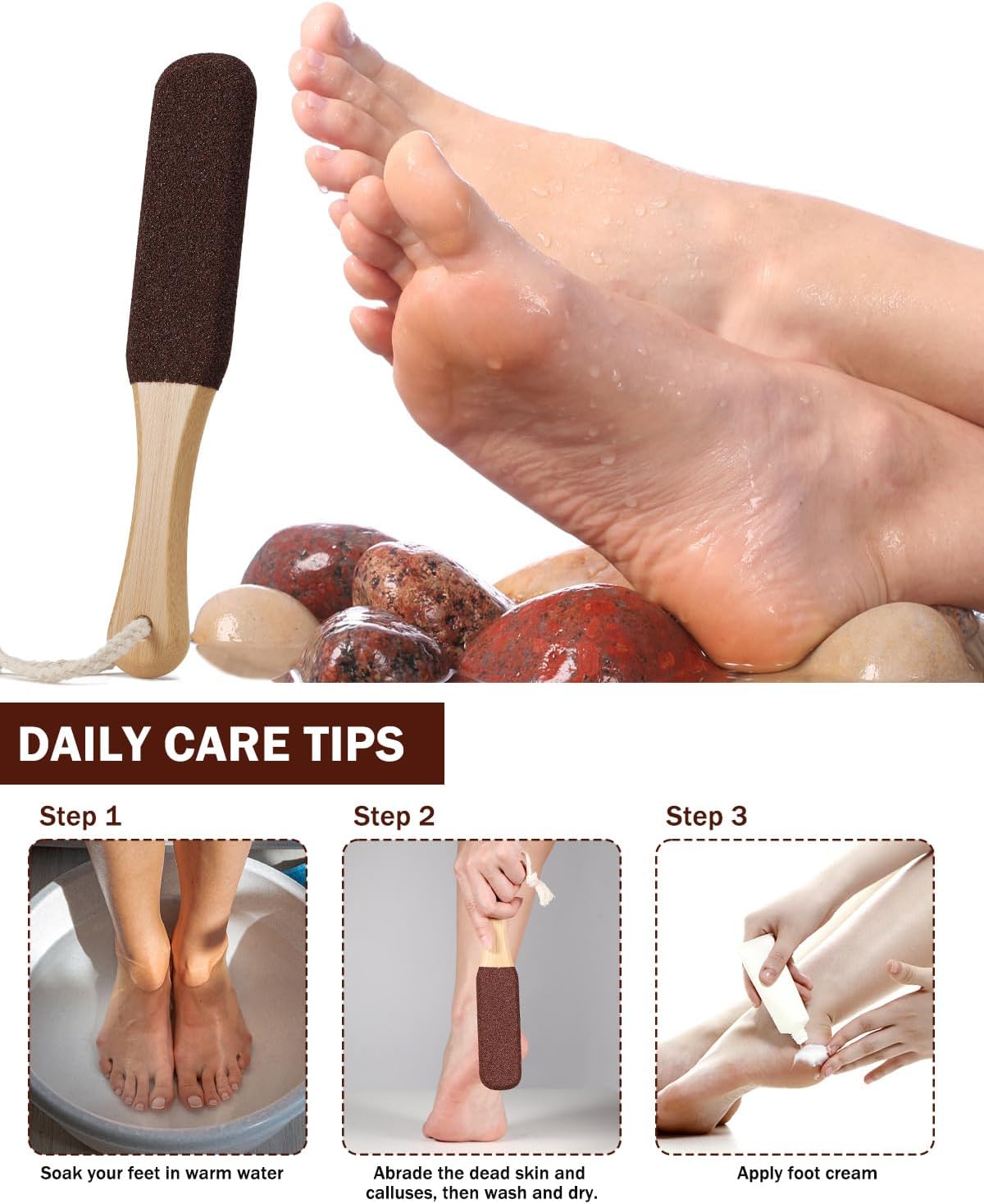 BEZOX Foot Pumice Stone Pedicure File(1 PCS) - Ergonomic Wooden Handle Foot File Callus Remover for Smoother Feet and Hands - Foot Scrubber, Heel Sander and Dead Skin Scraper - Brown