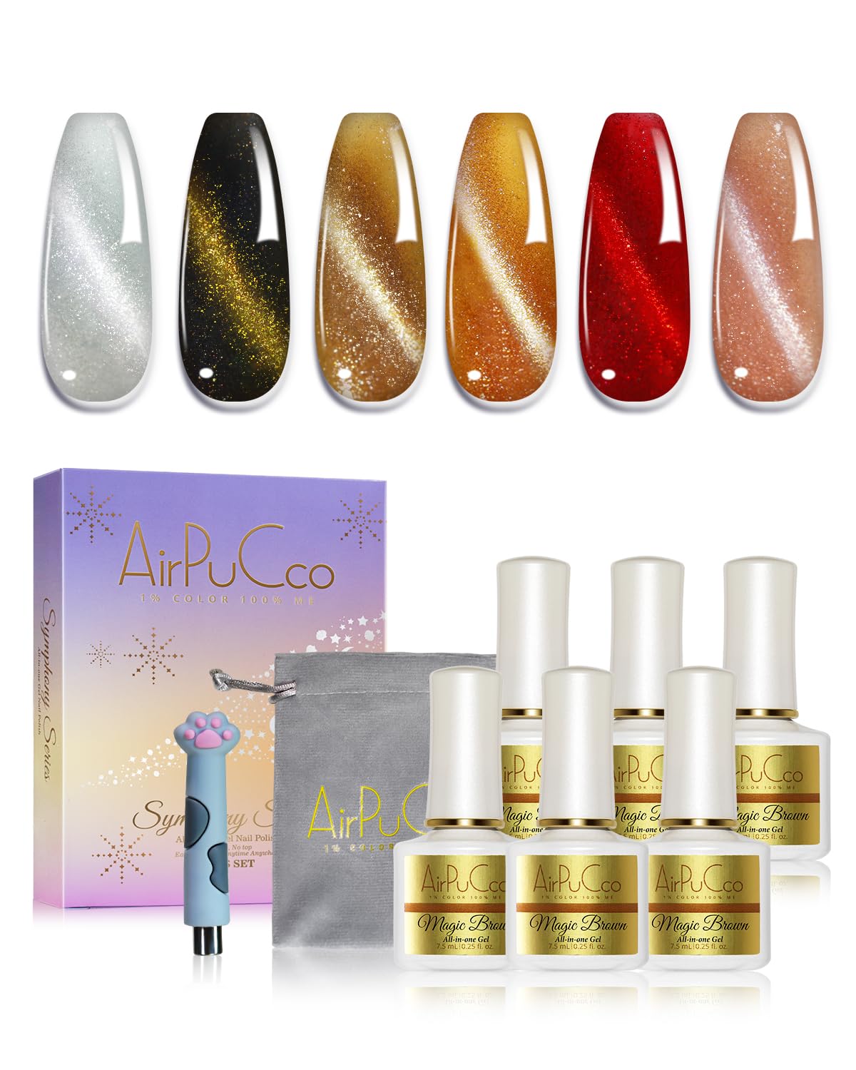 All-in-One Cat Eye Gel Nail Polish Kit, 6 Colors in Luxury Metallic Tones(Brown & Amber Gold, Red, Silver, Nude Pink), Soak Off Nail Art Set for Home DIY Manicure, Ultra-Portable Design