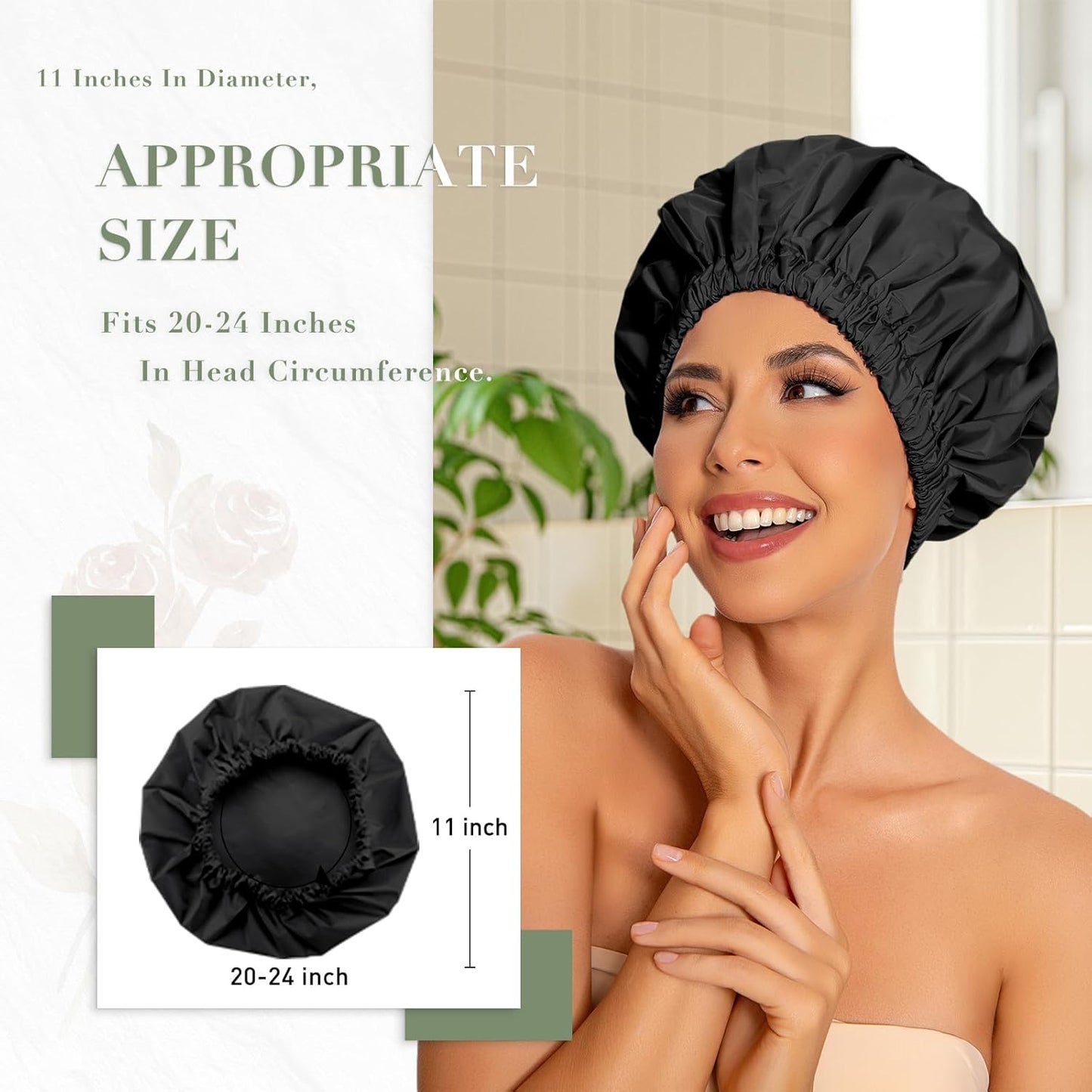 Reusable Shower Cap for Women, Large Waterproof Shower Bonnet Washable Elastic Band Bath Accessories Hair Hat for Long Hair, Braids(Black&Gray)