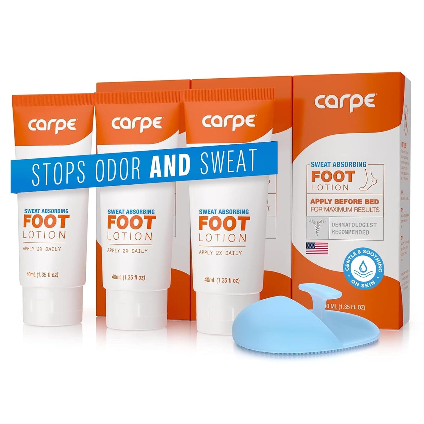 Carpe Sweat Absorbing Foot Lotion 3 Tubes WITH FREE APPLICATOR, A dermatologist-recommended solution to stop sweaty, smelly feet, Helps prevent blisters, Great for hyperhidrosis