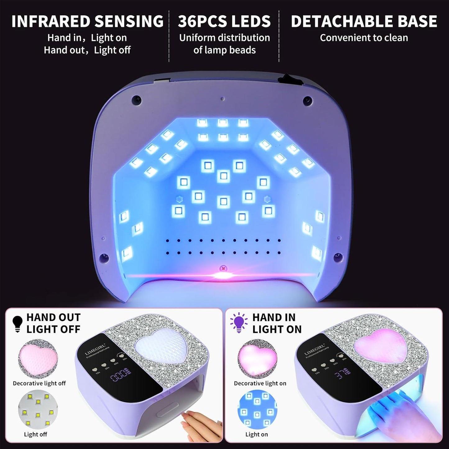 LimeGirl UV LED Nail Lamp Kit for Gel Polish Professional Fast Curing Purple Dryer Light Set with 4 Timer Settings Cordless Rechargeable Nail Art Cure Machine for Manicure Pedicure at Home and Salon