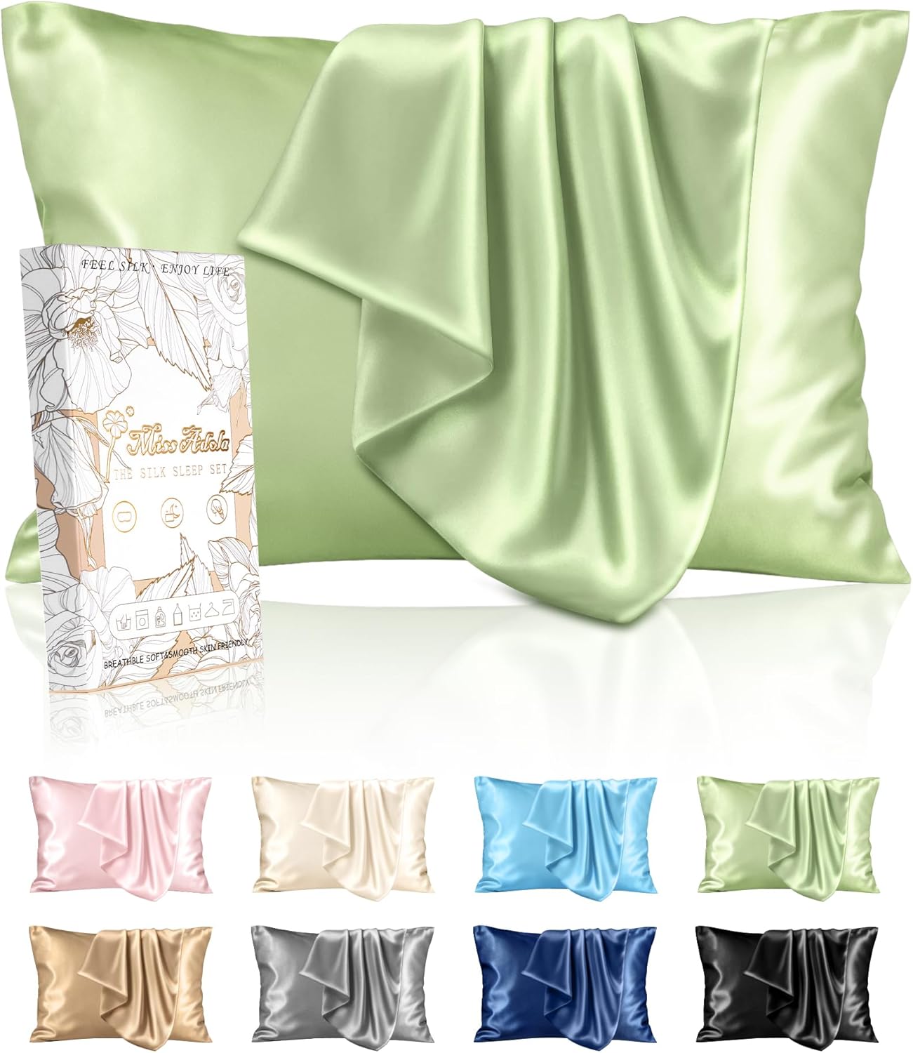 Silk Pillowcase 2 Pack - Pillow Cases Queen Set of 2 Size 20" x 30" for Hair and Skin Smooth Soft Breathable with Hidden Zipper Cooling Pillow Covers for Women, Light Green