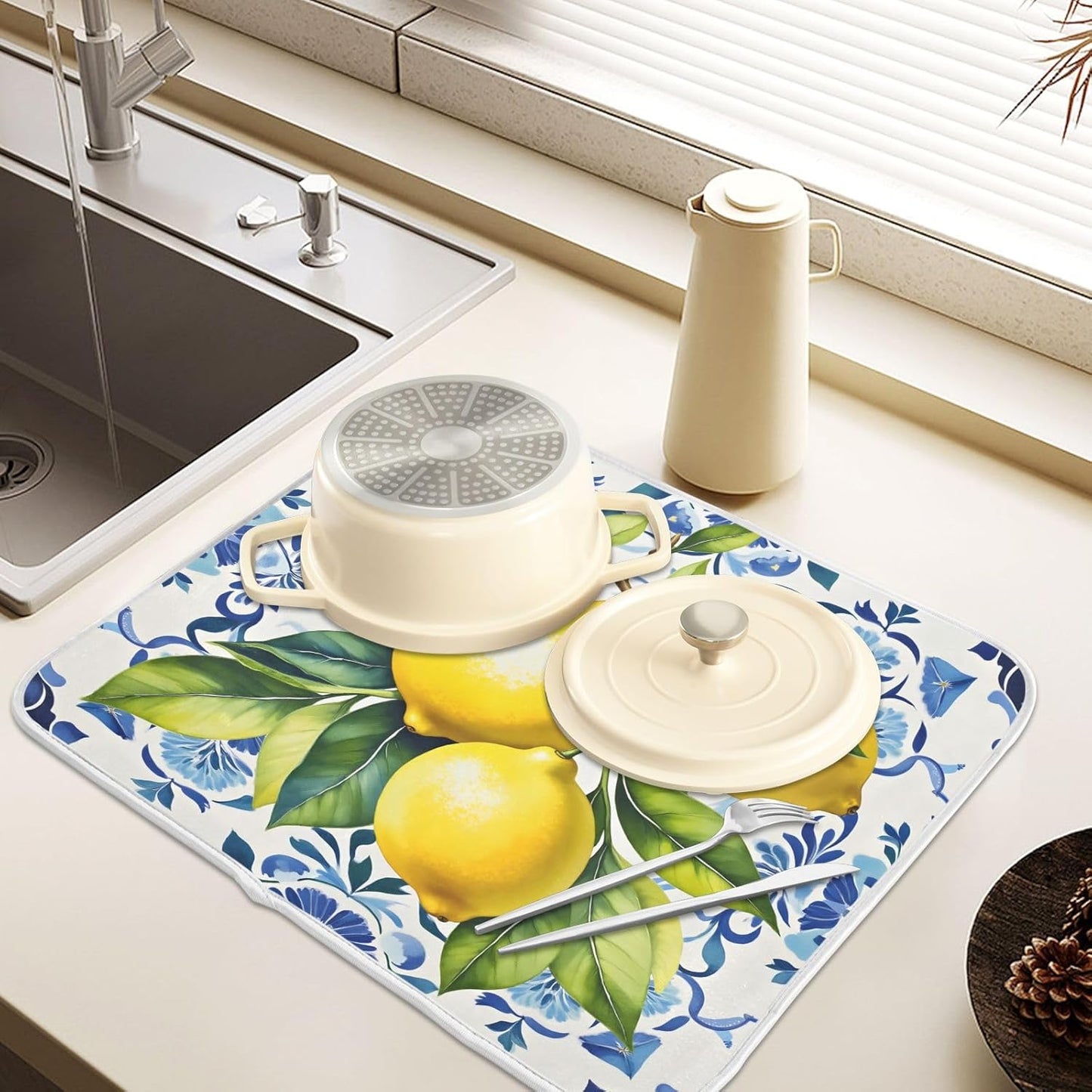 Lemon Italian Tile Blue E Dish Drying Mats for Kitchen Counter Absorbent Microfiber Dish Drying Matt 16 x 18 Inch Draining Reusable Rack Pad