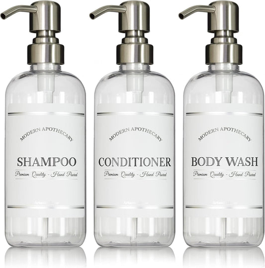 Clear Refillable Shampoo and Conditioner Bottles - Body Wash, Shampoo and Conditioner Dispenser - PET Plastic Shampoo Bottles Refillable with Pump - Waterproof Labels - 16 oz, 3 Pack (Stainless Steel)
