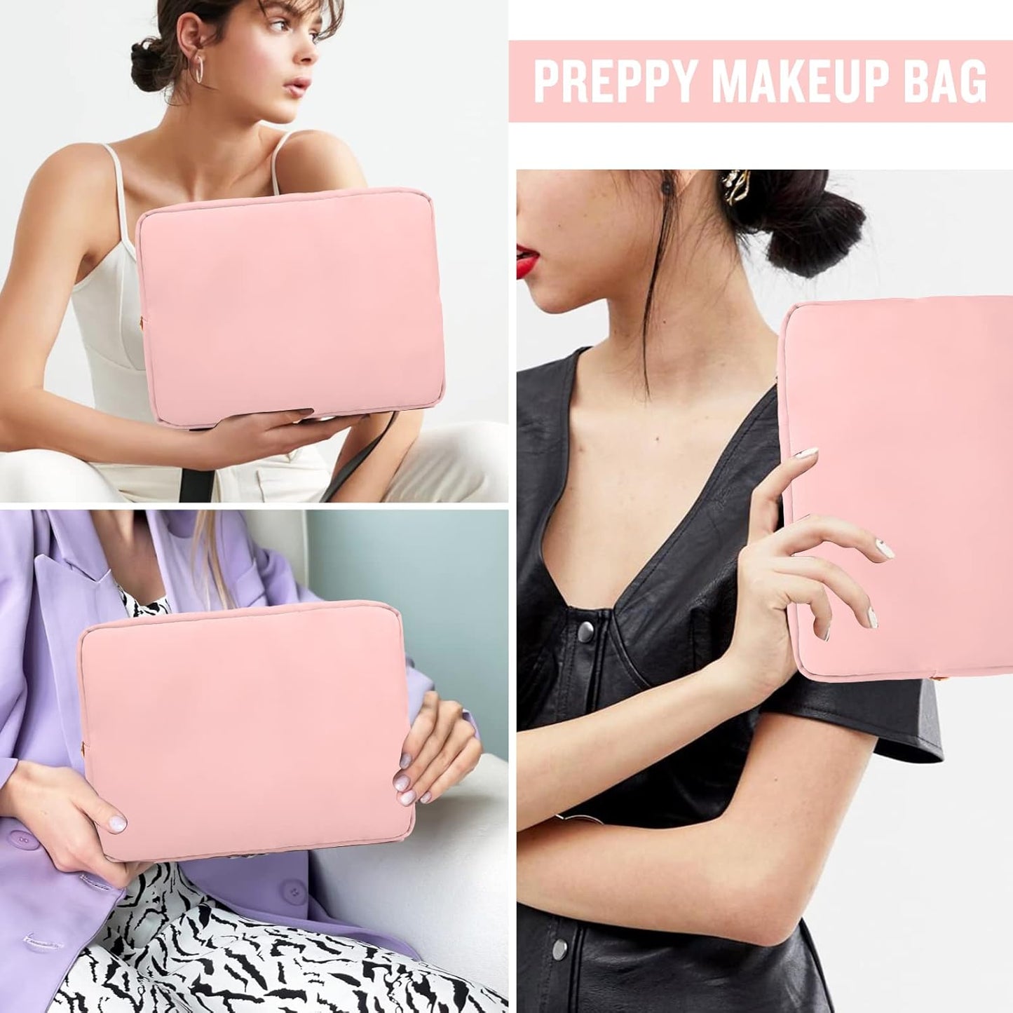 Nylon Large Makeup Bag Travel Pouch for Women, Preppy Big Pink Makeup Bag Cute Cosmetic Zipper Pouch Purse, DIY Chenille Letter Bag Waterproof Toiletry Bag Clutch Makeup Organizer for Women Girl(Pink)