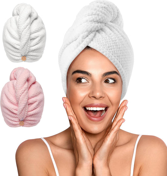 YFONG 2 Pack Microfiber Hair Towel Wrap for Women, Super Absorbent Quick Dry Hair Turban for All Hair Style Anti Frizz, Large Hair Drying Towel with Button