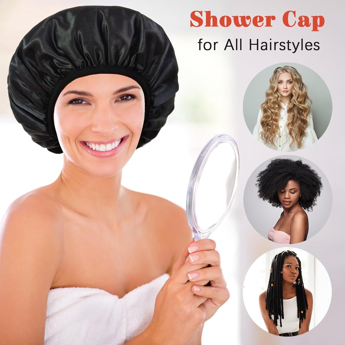 Shower Cap Reusable Waterproof, Terry Lined Shower Caps for Women, Triple Layer Hair Cap for Shower, Large Plastic Shower Cap for Braids Long Hair