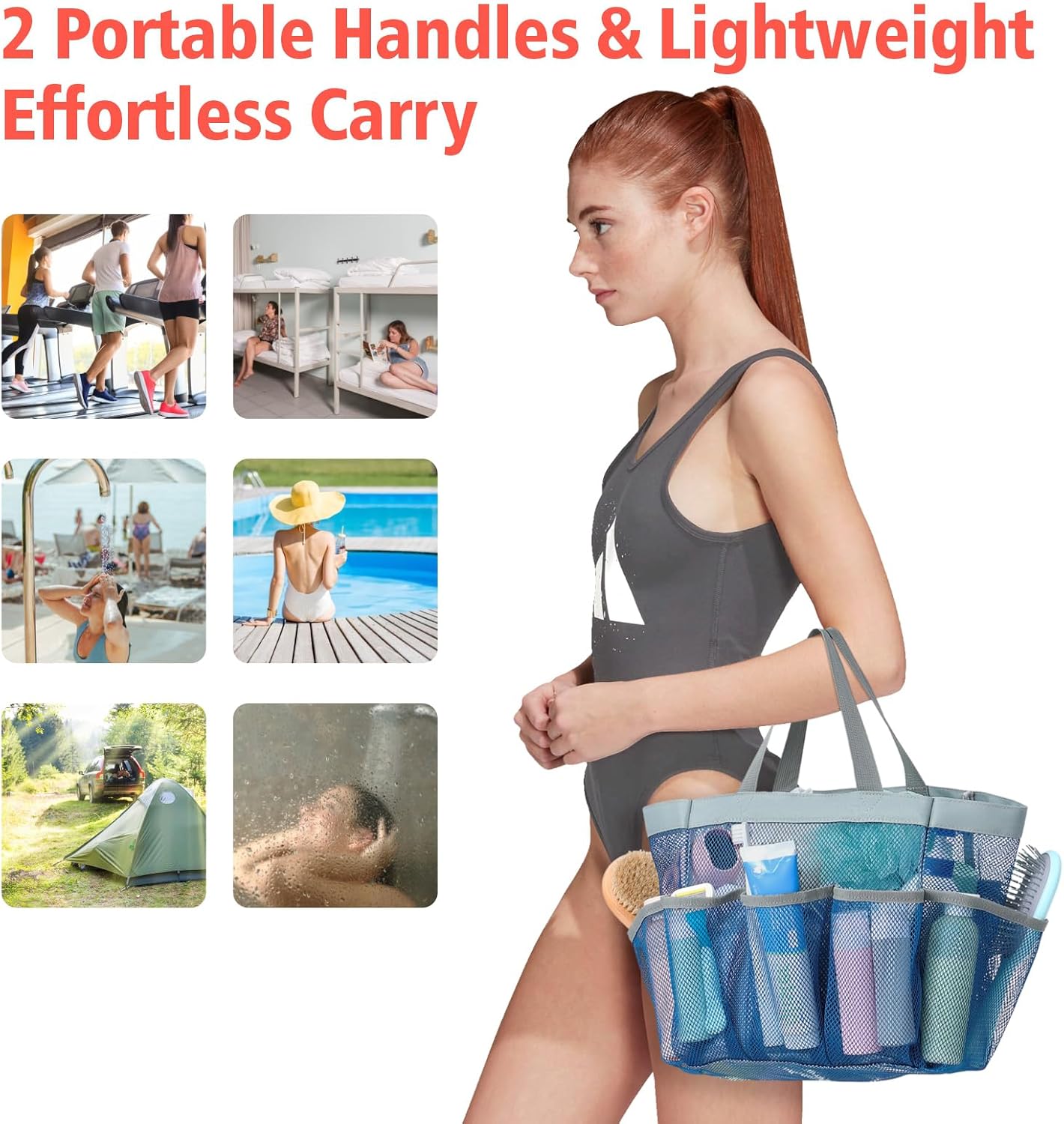 F-color Mesh Shower Caddy Portable - 2 Handles Upgrade Deeper 7 Pockets Basket Bag Tote for College Dorm Room Toiletry Bathroom Essentials Gym Camp Quick Dry with S Hook, 2 Pack Blue