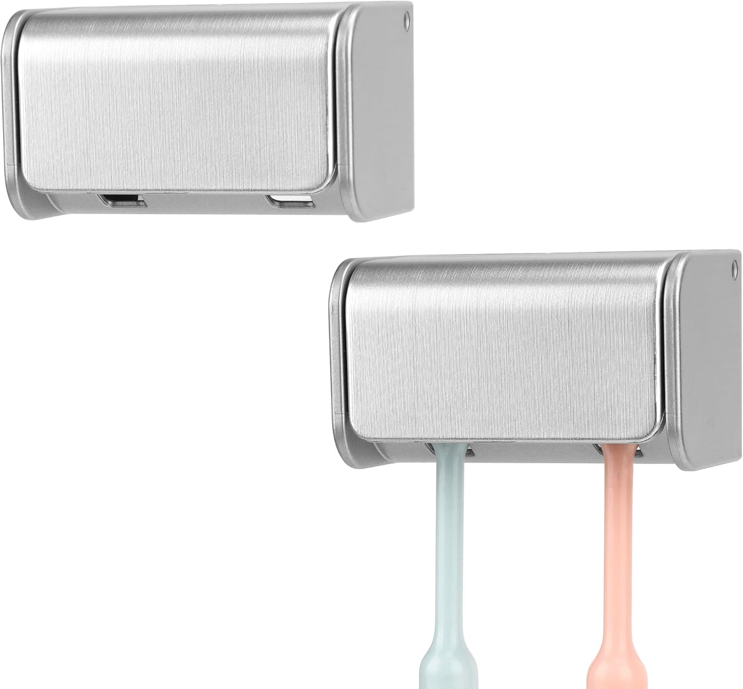2 PCS Toothbrush Holder Wall Mounted with Cover for Bathroom, 2 Slots Toothbrush Storage Organizer for Shower, Self Adhesive Toothbrush Hanger Rack for Dorm, Cabinet (Brushed Silver)