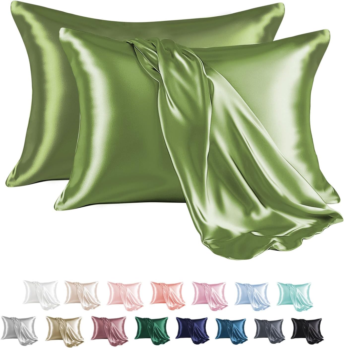 MR&HM Satin Pillowcase for Hair and Skin, Silk Satin Pillowcase 2 Pack, King Size Pillow Cases Set of 2, Silky Pillow Cover with Envelope Closure (20x40, Sage)