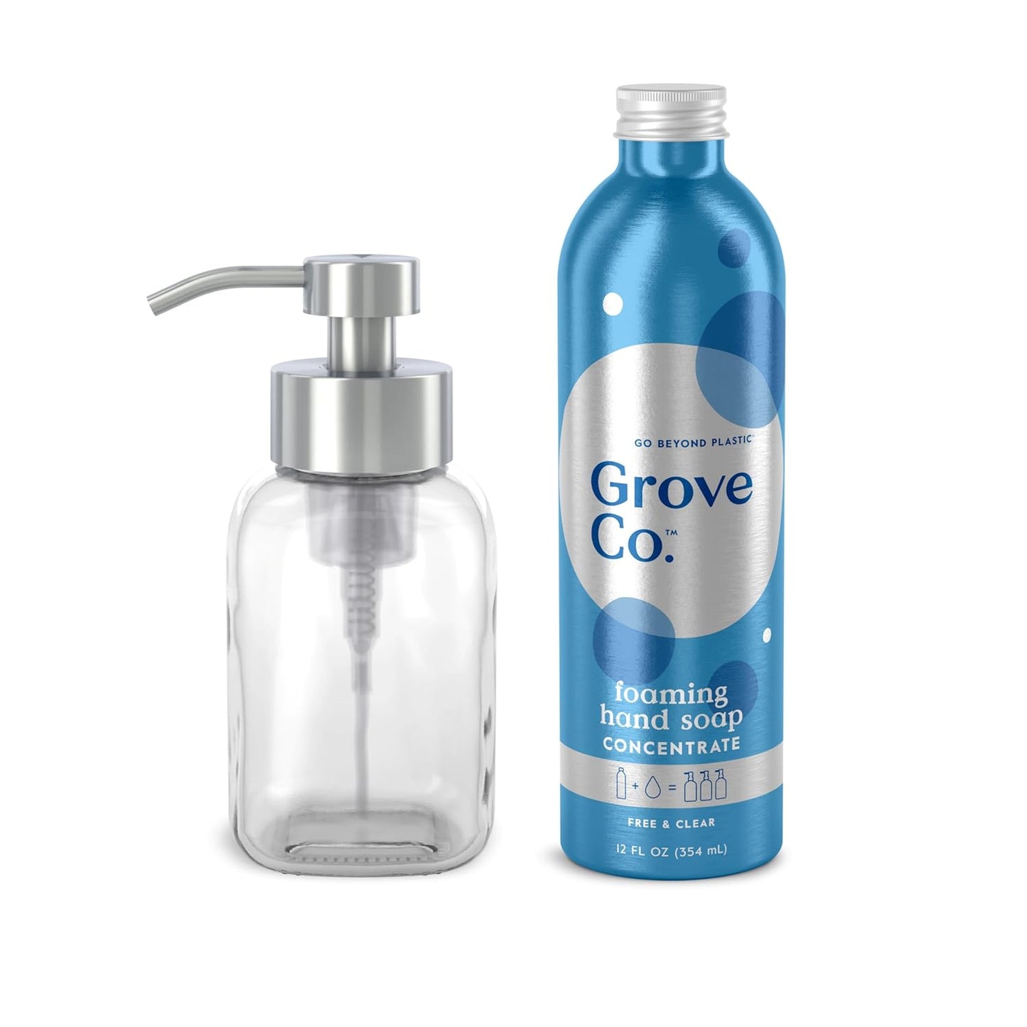 Grove Co. Foaming Hand Soap Concentrate (12 Fl Oz) + Reuseable Glass Soap Dispenser, Plastic Free and Liquid Refillable Starter Kit, Free & Clear Unscented