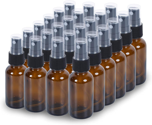2oz Glass Spray Bottle, Fine Mist Boston Glass Bottles with Black Fine Mist Sprayer Small Clear Bottles for Essential Oils, Bath, Beauty, Hair & Cleaning, Amber, Pack of 24