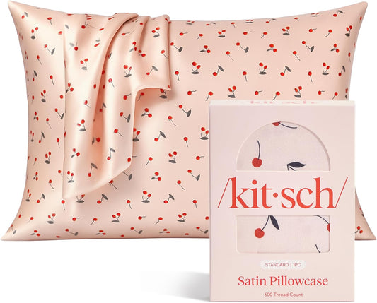Kitsch Satin Pillowcase, Softer Than Silk Pillow Cases Queen, Cooling Pillow Covers, Satin Pillowcase w/Zipper for Hair, Skin & Quality Sleep, Wrinkle-Free & Smooth, Queen Size 19"x26", Cherry Print