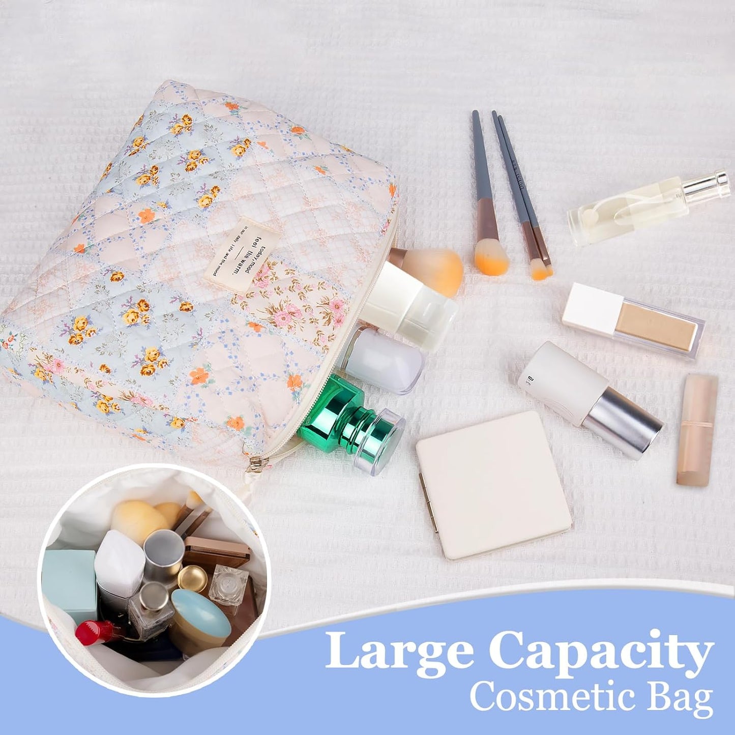 Floral Makeup Bag, Small Cosmetic Bag for Women Girls, Cute Cotton Makeup Bag, Quilted Makeup Bags, Flower Travel Toiletry Organizer Bag(Folk Style)