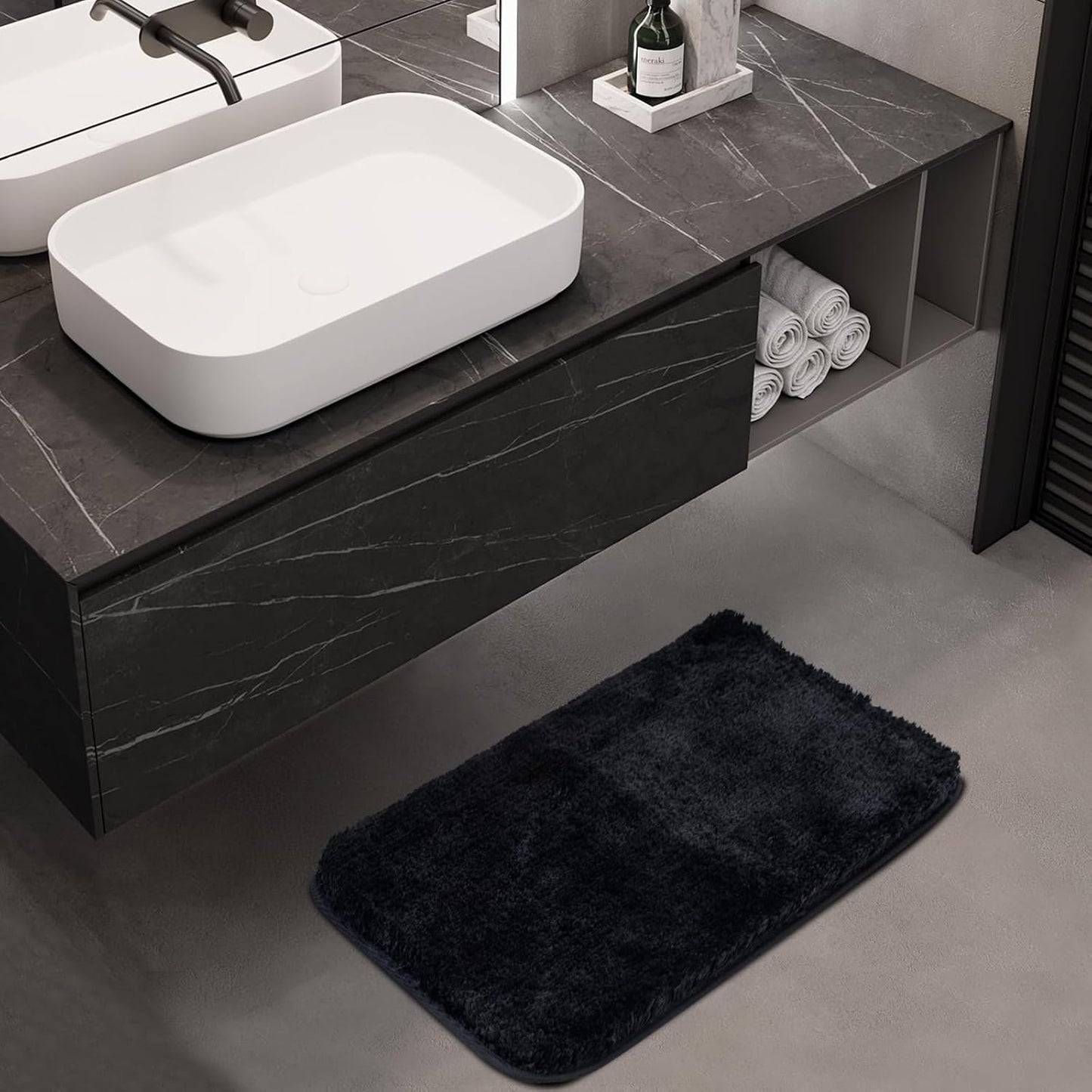 ROSMARUS Shaggy Bath Rug Non Slip 17" X 24", Water Absorbent Mat, Soft Shower Mat for Floor & Tub, Fluffy Plush Bathroom Rug Machine Washable, Black