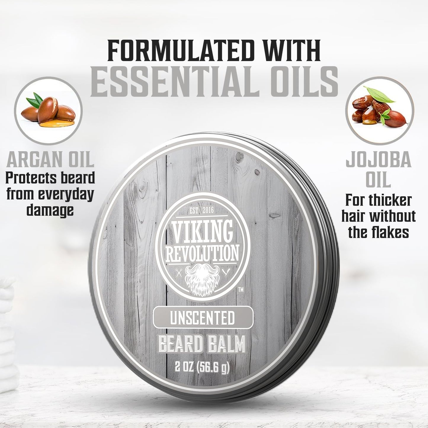 Viking Revolution Unscented Beard Balm for Men - Beard Butter with Argan Oil and Jojoba Oil Softener and Moisturizer Styling Balm - Gifts for Men with Beeswax and Shea Butter (1 Pack, 2oz)