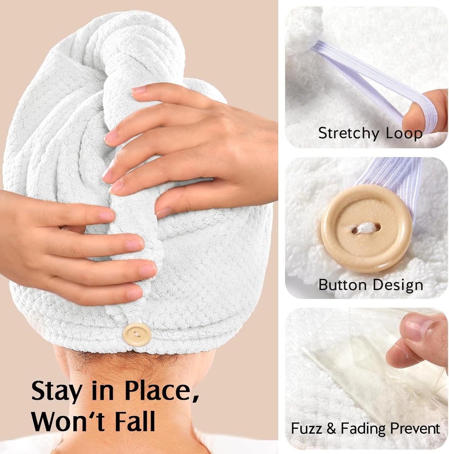 YFONG 2 Pack Microfiber Hair Towel Wrap for Women, Super Absorbent Quick Dry Hair Turban for All Hair Style Anti Frizz, Large Hair Drying Towel with Button