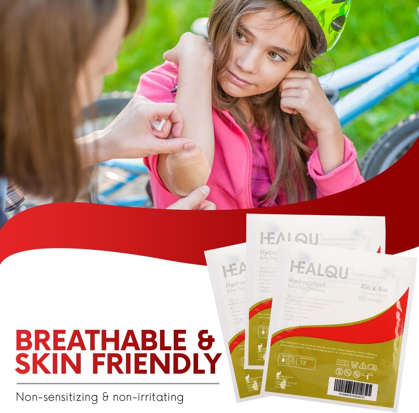 Healqu Hydrocolloid Wound Dressing - 4x4 Thin - Box of 10 Large Bandages - Sterilized Bordered Hydrocolloid Patches for Bed Sores, Abrasions, and More - Waterproof and Absorbent with Protective