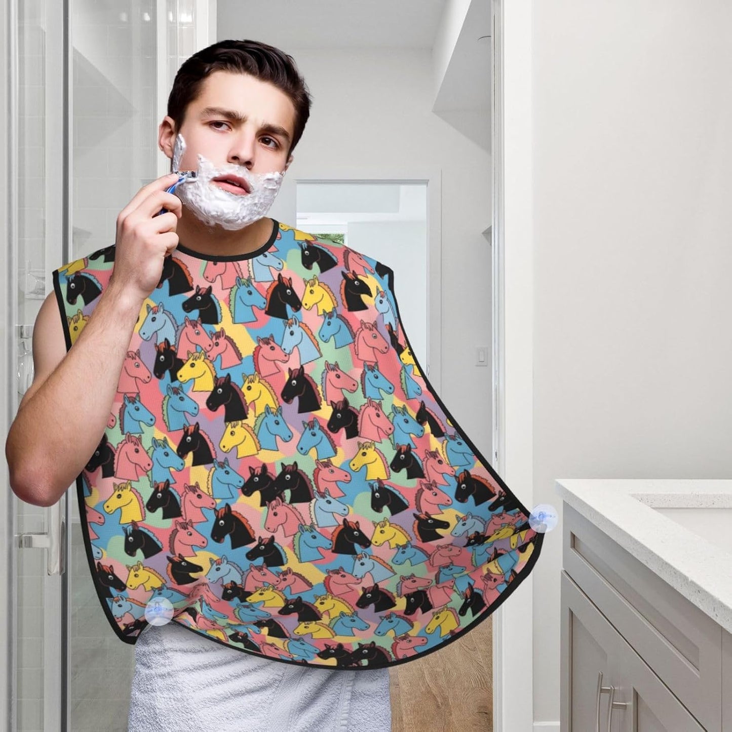 Beard Bib Apron for Men Shaving, Waterproof Non-Stick Hair Catcher with Suction Cups, Grooming Essential for Dad Husband, Colourful Cartoon Horses Shave Bib