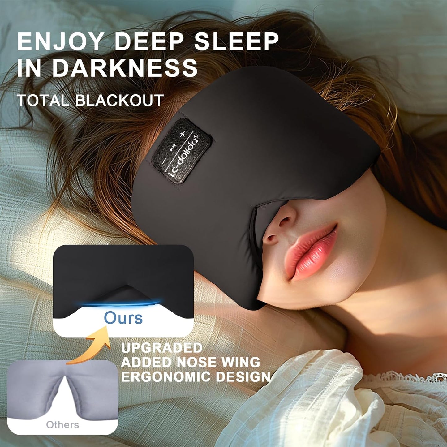 LC-dolida Sleep Mask with Bluetooth Headphones, Ice Silk Sleep Headphones with Bluetooth 5.4, Total Blackout Eye Mask for Sleeping, Sleep Soft Mask for Women Men, All Night Sleep, Travel(Black)