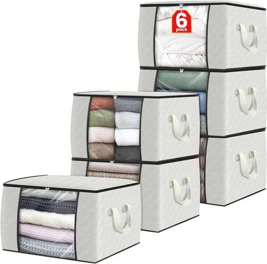 Fab totes 6 Pack Clothes Storage, Foldable Thick Fabric Blanket Storage Bags, Containers for Organizing Bedroom, Closet, Clothing, Comforter, Organization with Handle,Ivory White