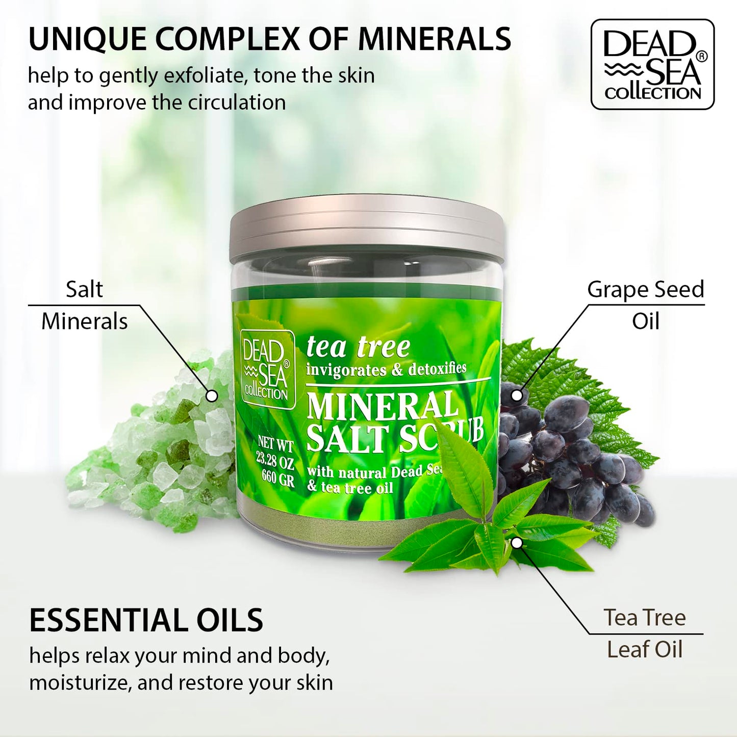 Dead Sea Collection Tea Tree Salt Scrub – Exfoliating Body Scrub for Women – Moisturizing and Nourishing Skin – with Pure Oils and Dead Sea Minerals (23.28 Oz)